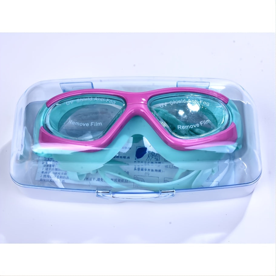 Complete kinderzwembril: groot frame, anti-condens, UV-bescherming en siliconen voor comfort.