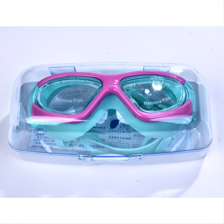Complete kinderzwembril: groot frame, anti-condens, UV-bescherming en siliconen voor comfort.
