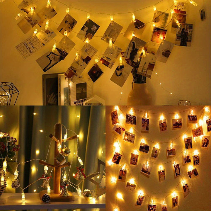 ClipGlow LED fotolamp met heldere LED-verlichting en praktische clips om foto's op te hangen.