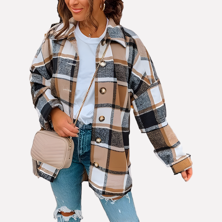 Stijlvolle dames geruite shacket, veelzijdig te combineren voor herfst/winter mode.