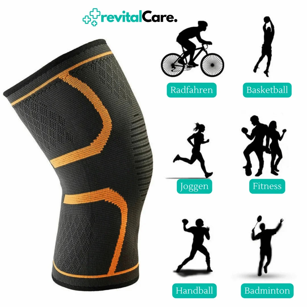 Gedragen FlexiKnee Pro kniebandage, biedt stabiele knieondersteuning en comfort.