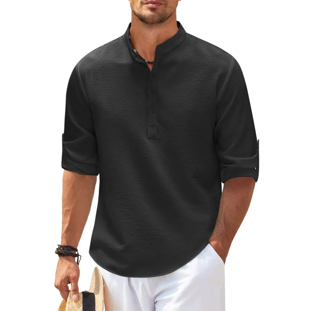Stijlvol herenshirt met lange mouwen en opstaande kraag. Modieus, comfortabel en perfect voor herfst herenmode.