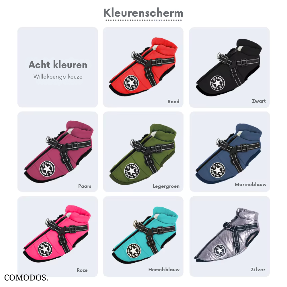 Comfortabel waterdicht winterjack voor honden, met ingebouwd harnas voor gemak.