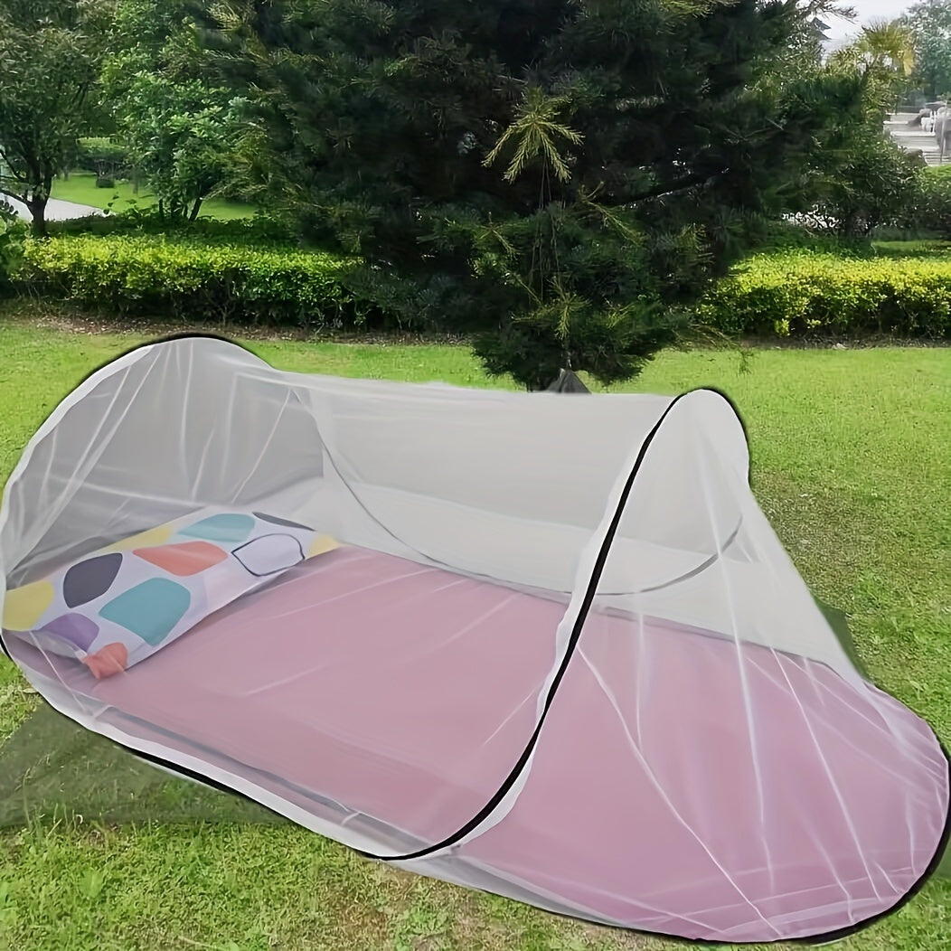 Draagbaar eenpersoons muggennet met rits, essentieel voor comfortabele, insectenvrije nachten op reis.
