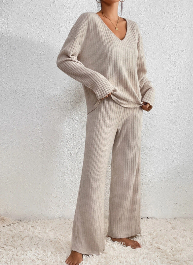 Dames gebreid huispak, tweedelige loungewear set, zacht en comfortabel thuispak.