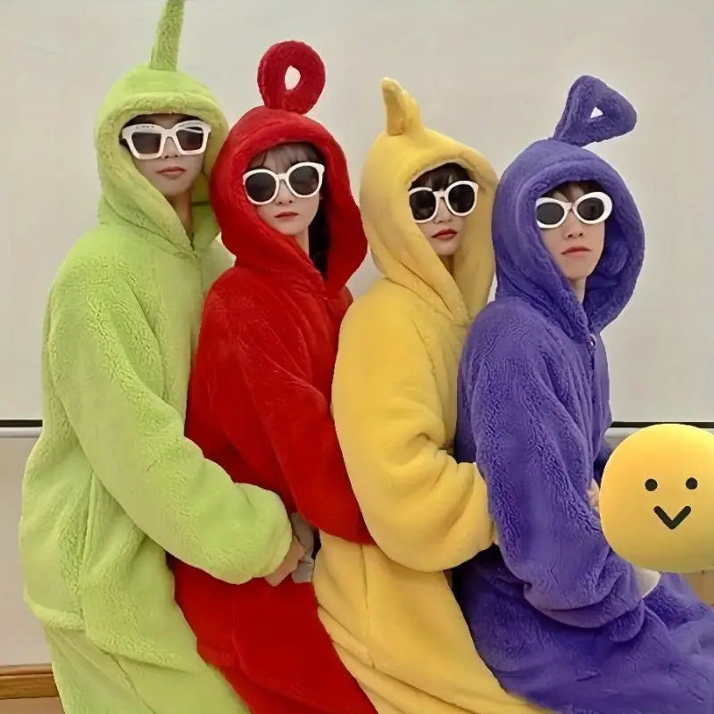 Unisex Teletubbies jumpsuit met capuchon, comfortabele kleding voor verkleedplezier of als pyjama.