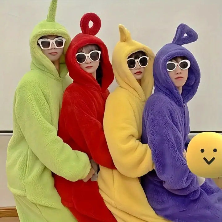 Unisex Teletubbies jumpsuit met capuchon, comfortabele kleding voor verkleedplezier of als pyjama.
