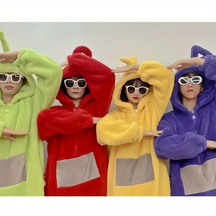 Teletubbies themafeest jumpsuit, een leuk en comfortabel kostuum voor carnaval of Halloween.