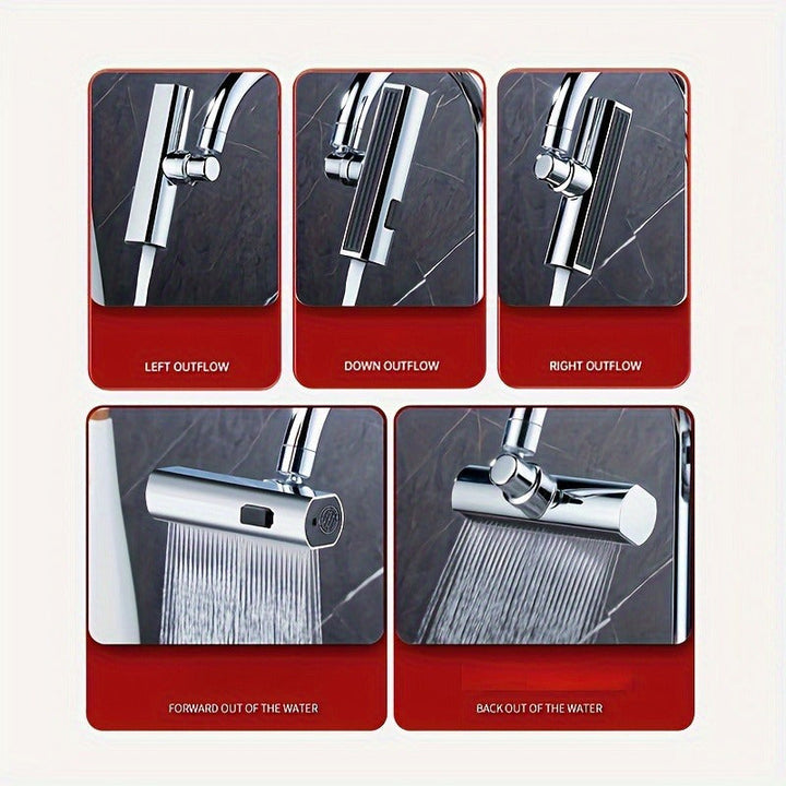 3-in-1 kraan adapter met roterende sproeier. Drie waterstanden voor keuken en badkamer, waterbesparend.