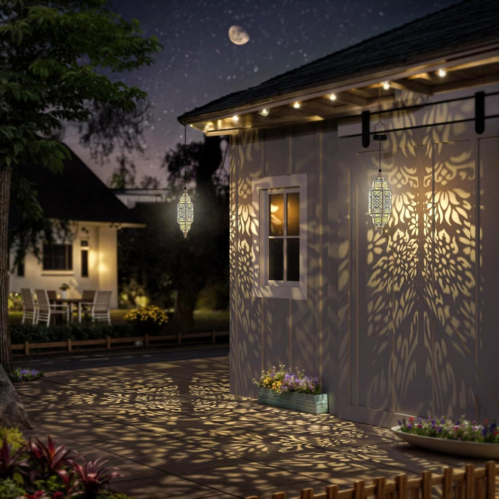 Luxe Marokkaanse solar sfeerlantaarn met LED, duurzame buitenverlichting in vintage look.