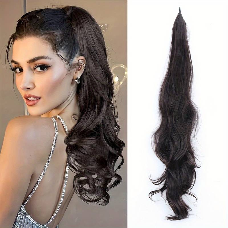 Zwarte flexibele wrap-around paardenstaart voor een snelle en dramatische transformatie naar lang haar.