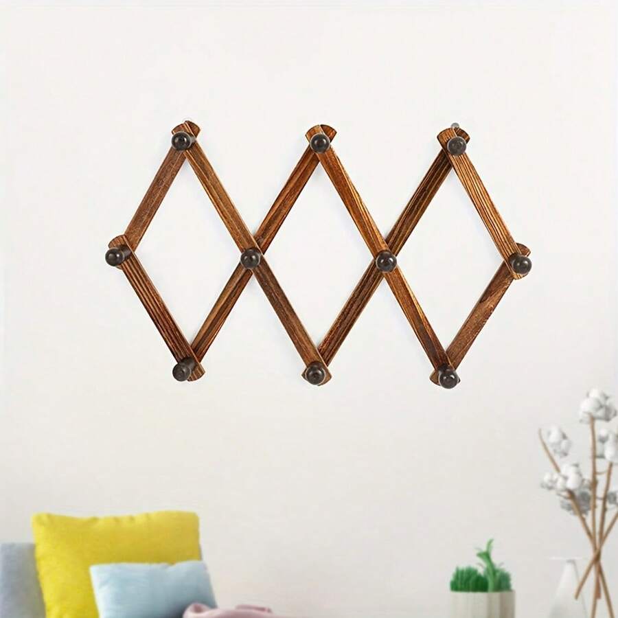 Retro bamboe wandhaak, uitschuifbaar, met 10 haken voor diverse toepassingen zoals garderobe of keuken.