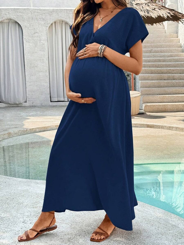 Zwangerschapsjurk met V-hals en split, polyester-katoen, modieus en casual voor mama.
