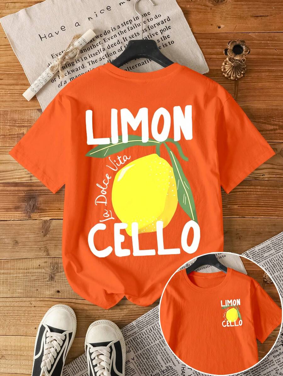 Trendy oranje T-shirt voor dames met kleurrijke fruitprint. Perfect als casual zomer top of Koningsdag kleding.