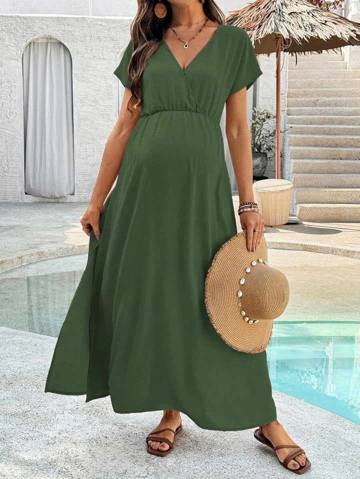 Modieuze V-hals splitjurk, zwangerschapskleding voor lente/zomer, comfortabel voor dames.