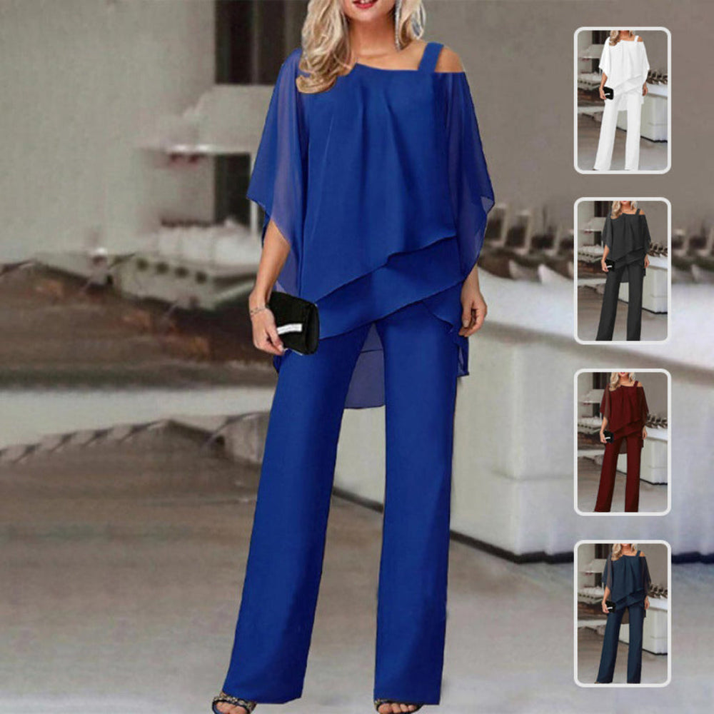 Comfortabele casual dames broekpak set, ideaal voor zowel zakelijk als ontspannen met losse vleermuismouwtop.