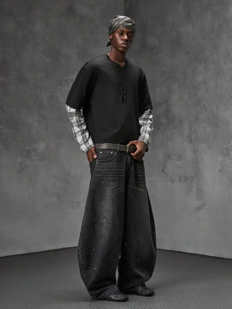 Streetwear t-shirt voor heren, lange mouw, met opvallend plaid patchwork. Comfortabel.