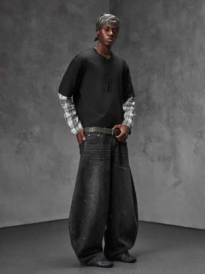 Streetwear t-shirt voor heren, lange mouw, met opvallend plaid patchwork. Comfortabel.