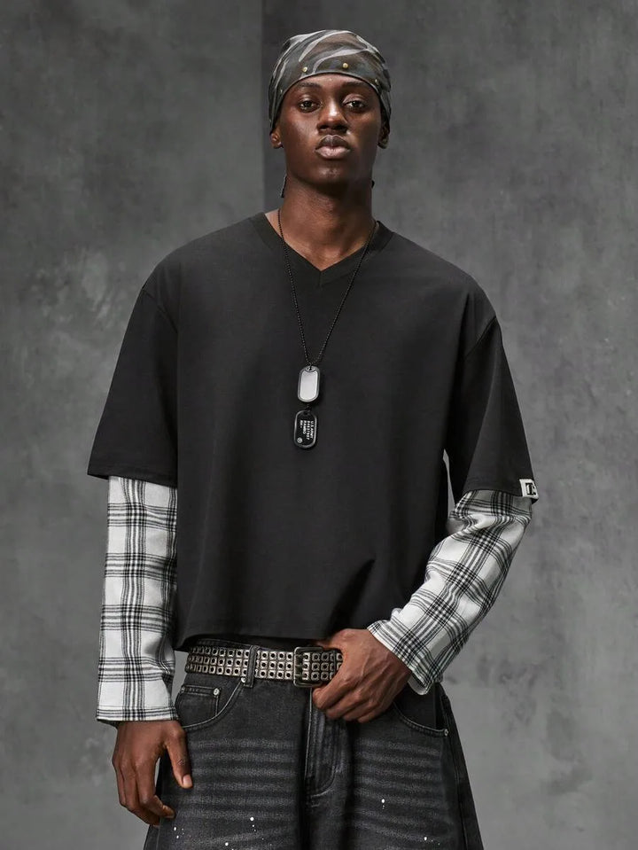 Modieus heren t-shirt met lange mouwen, plaid patchwork. Geschikt voor casual gelegenheden.
