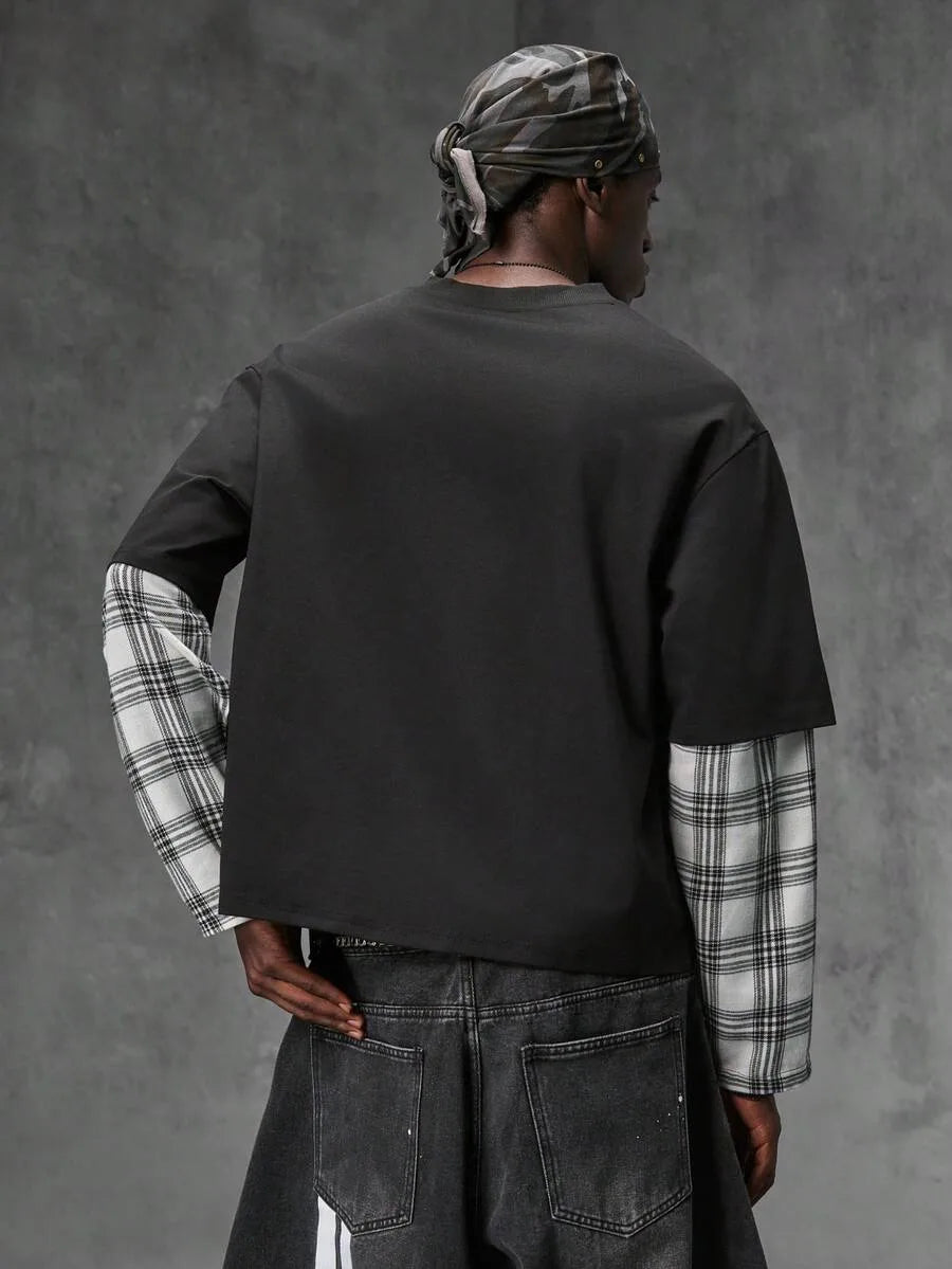Comfortabel heren t-shirt met ronde hals, lange mouwen en trendy patchwork design.