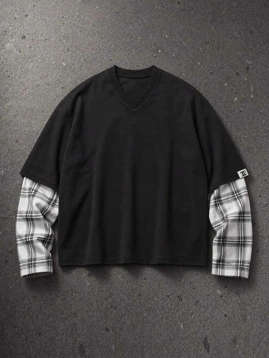 Lente/herfst heren t-shirt: regular fit, ronde hals en stijlvolle plaid patchwork mouwen.