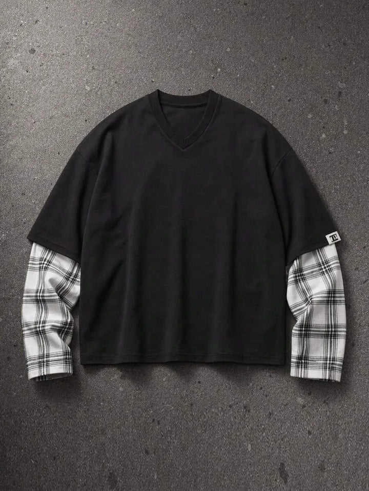 Lente/herfst heren t-shirt: regular fit, ronde hals en stijlvolle plaid patchwork mouwen.