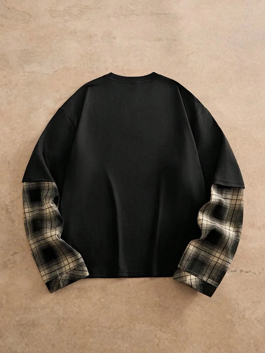 Heren t-shirt: lange mouwen met uniek plaid patchwork. Ronde hals, casual stijl.
