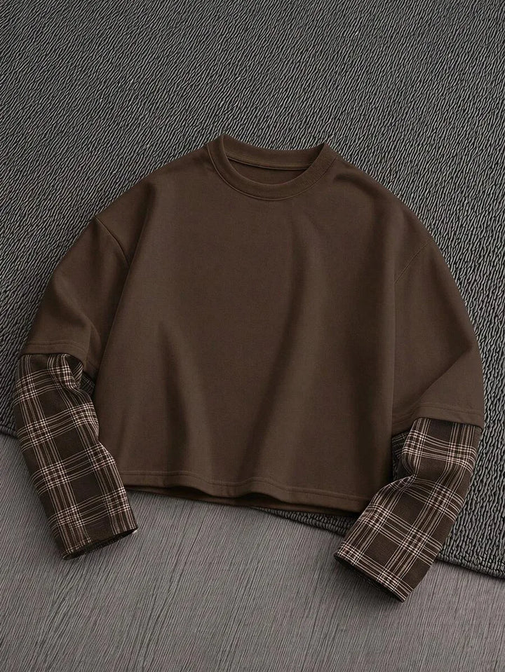 Heren t-shirt met lange mouw, plaid patchwork en ronde hals. Perfect voor casual stijl.