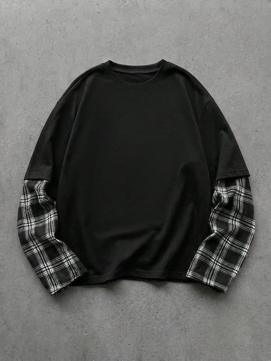 Heren t-shirt met lange mouw, plaid patchwork en ronde hals. Perfect voor casual stijl.