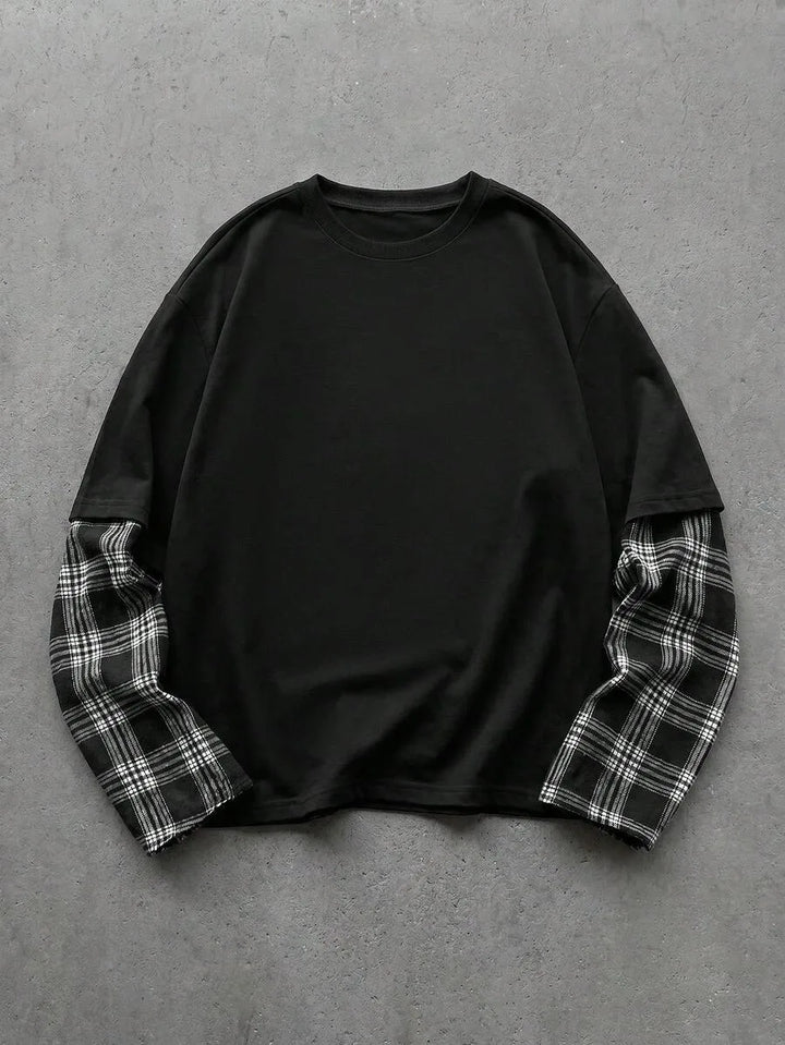 Heren t-shirt met lange mouw, plaid patchwork en ronde hals. Perfect voor casual stijl.