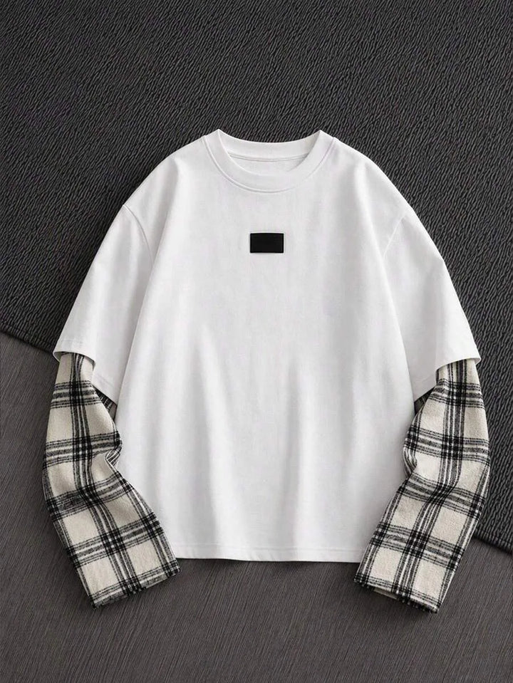 Heren t-shirt met lange mouwen en creatieve plaid patchwork details. Lente/herfst.