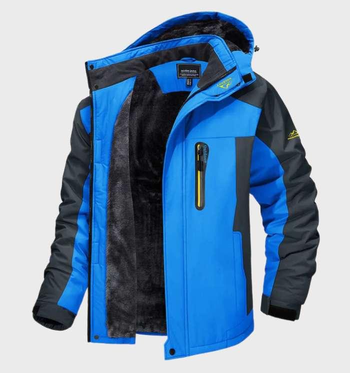 Sportief blauw Logan heren fleecejack met capuchon, waterdicht en warm, perfect voor herfst- en winteruitjes.
