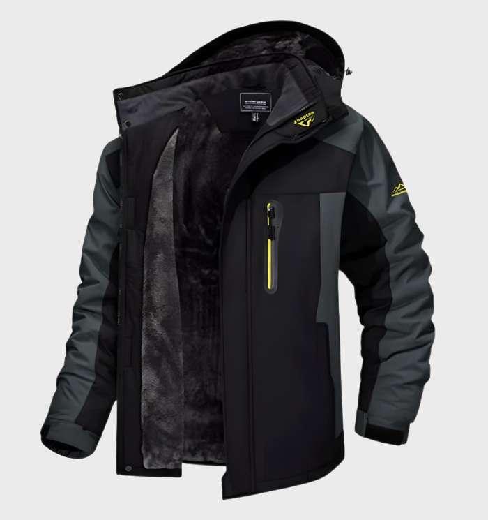 Stijlvol zwart Logan waterdicht heren fleecejack met capuchon, warm en casual voor outdoor in herfst en winter.