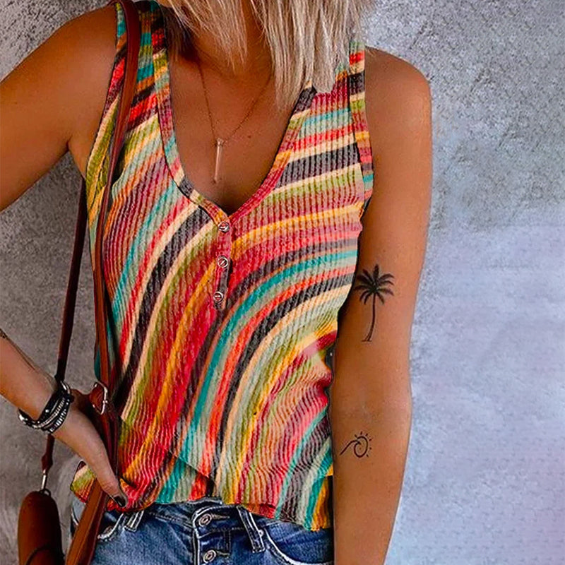 Kleurrijke regenboog gestreepte dames tanktop met V-hals, ideaal voor zomerse casual mode en strandkleding.