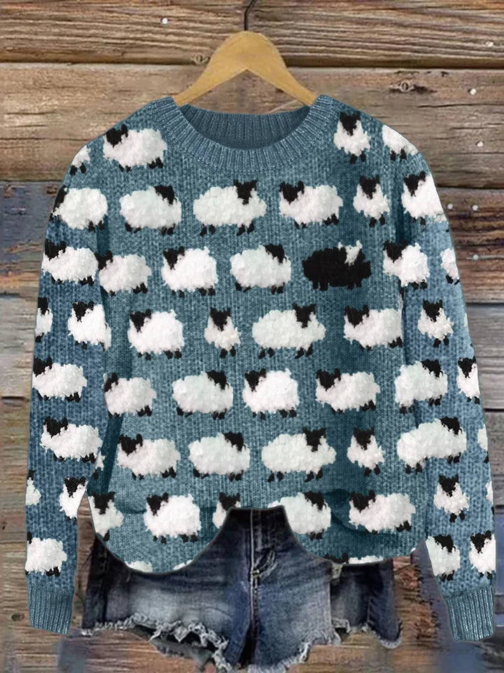 Comfortabele warme damestrui met charmant schapenpatroon. Perfecte casual wintermode met unieke retro uitstraling.