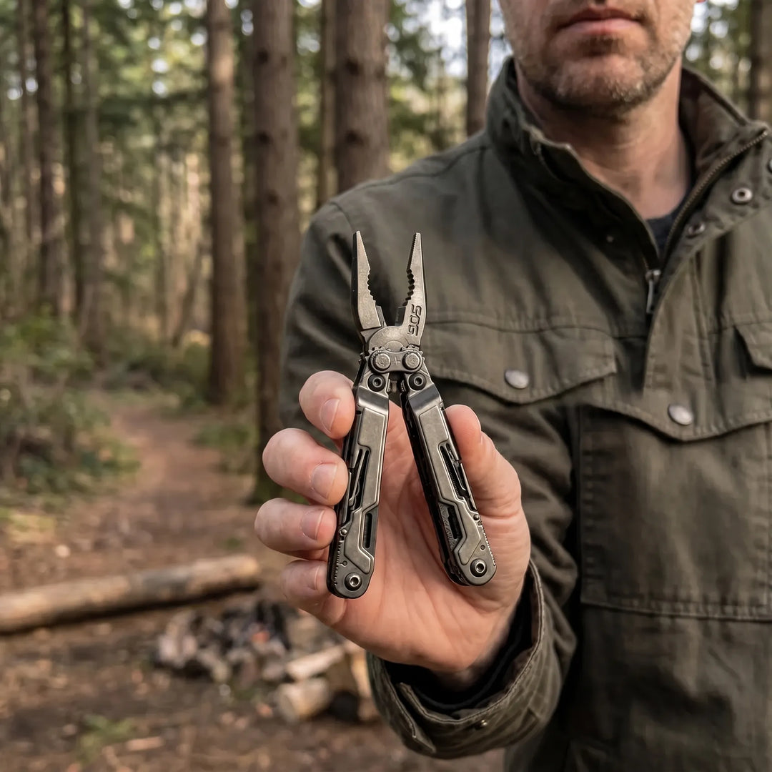 Opvouwbare 18-in-1 multitool met tangen, ideaal compact zakgereedschap voor outdoor, kamperen en EDC.