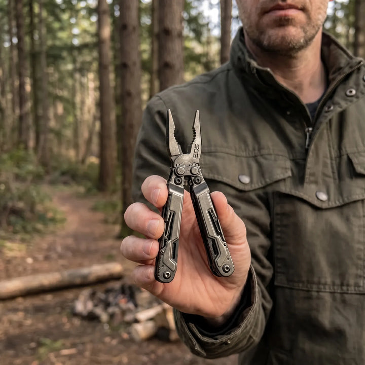 Opvouwbare 18-in-1 multitool met tangen, ideaal compact zakgereedschap voor outdoor, kamperen en EDC.