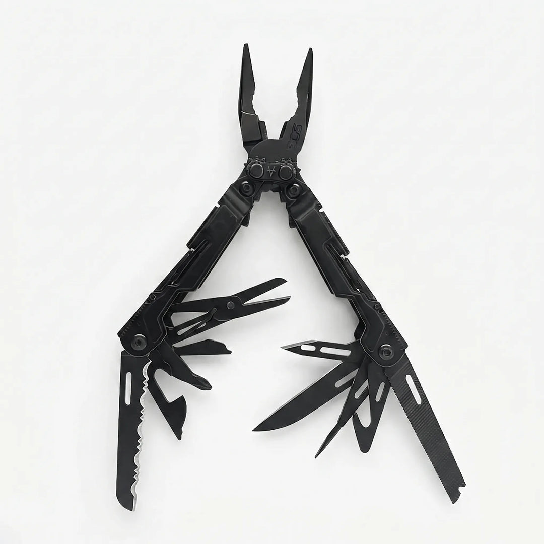 Gedetailleerde weergave van de veelzijdige 18-in-1 multitool met uitgevouwen tangen en mes.