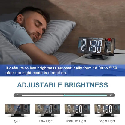 "180° LED projectiewekker met spiegelontwerp, snooze en temperatuurweergave. Compact, modern en ideaal voor slaapkamer."