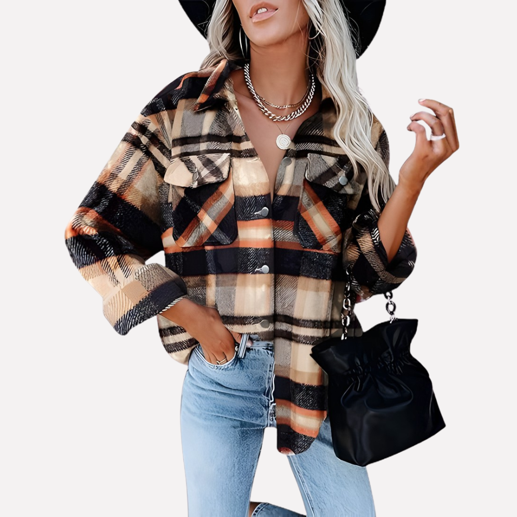 Casual dames shacket, geruit patroon, perfect voor laagjes op frisse winterdagen.
