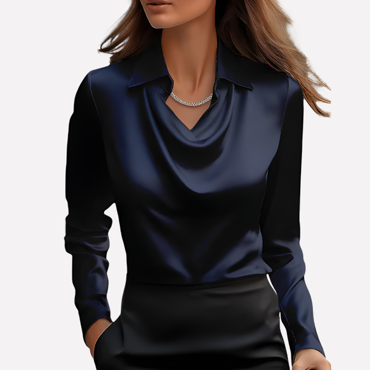 Stijlvolle dames blouse met gedrapeerde kraag, lange mouwen in effen kleur. Perfect voor modebewuste dames.