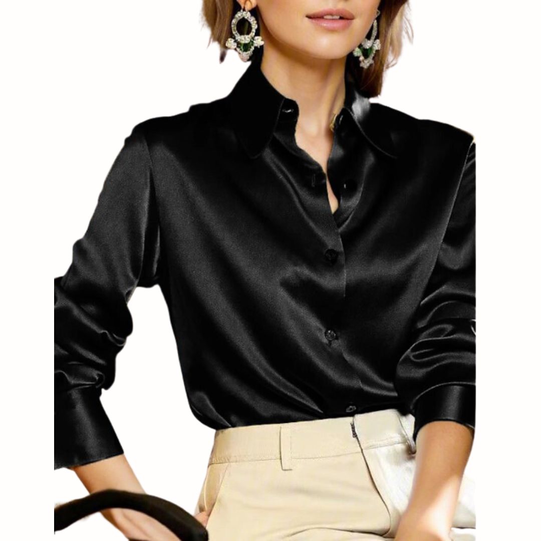 Modieuze gele satijnen Elara blouse voor dames; veelzijdig voor casual chic of een luxe avondlook.
