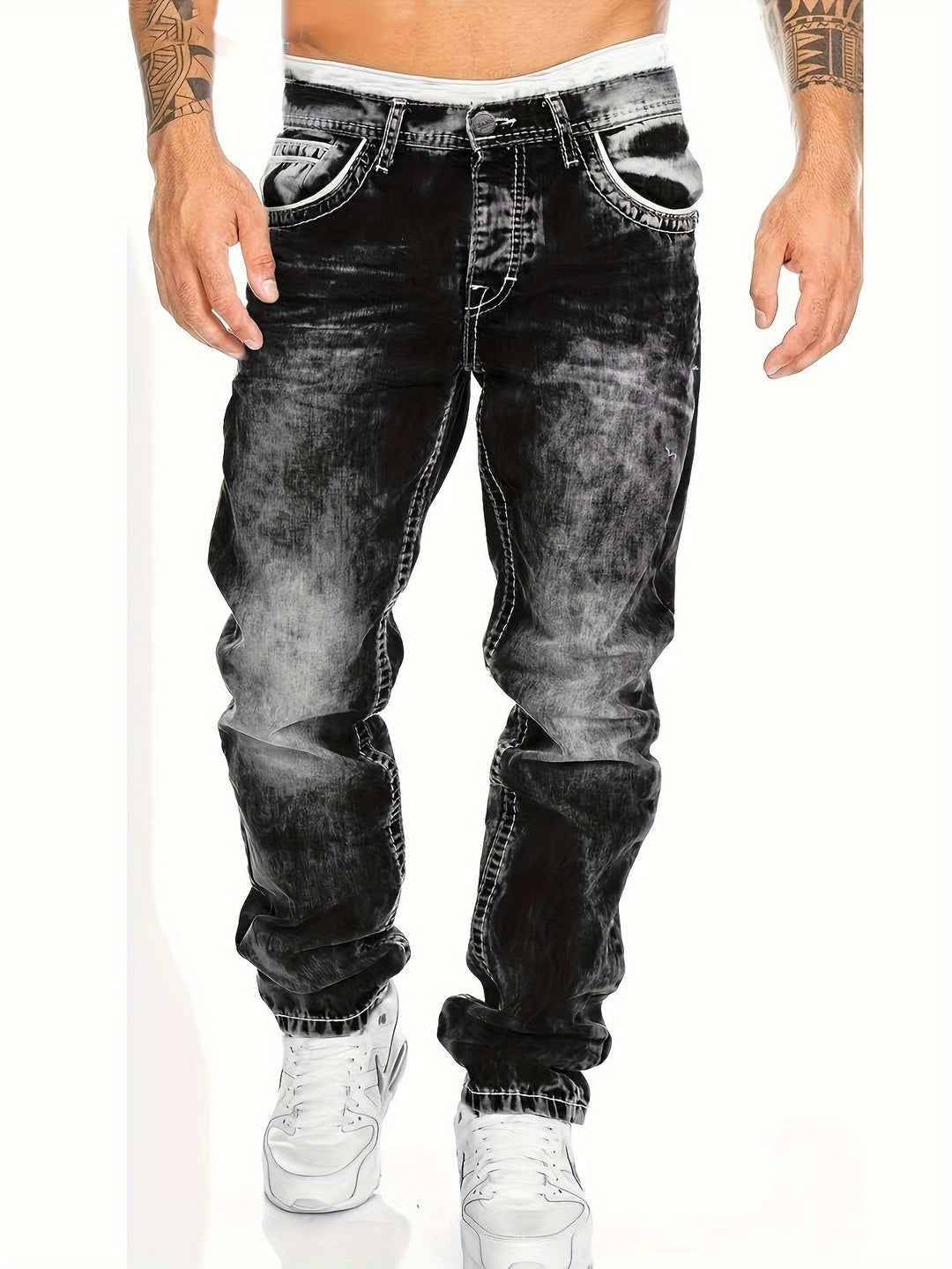 Slim fit heren jeans, distressed en punk geïnspireerd. Comfortabele rechte pijp voor streetwear mode.