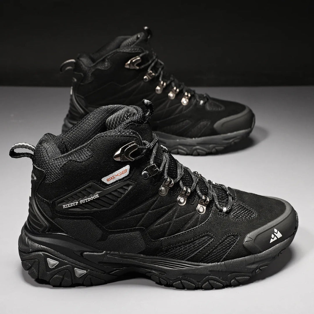 Grijze waterdichte heren hoogmodel wandelschoenen, met focus op comfort en duurzaamheid outdoor.