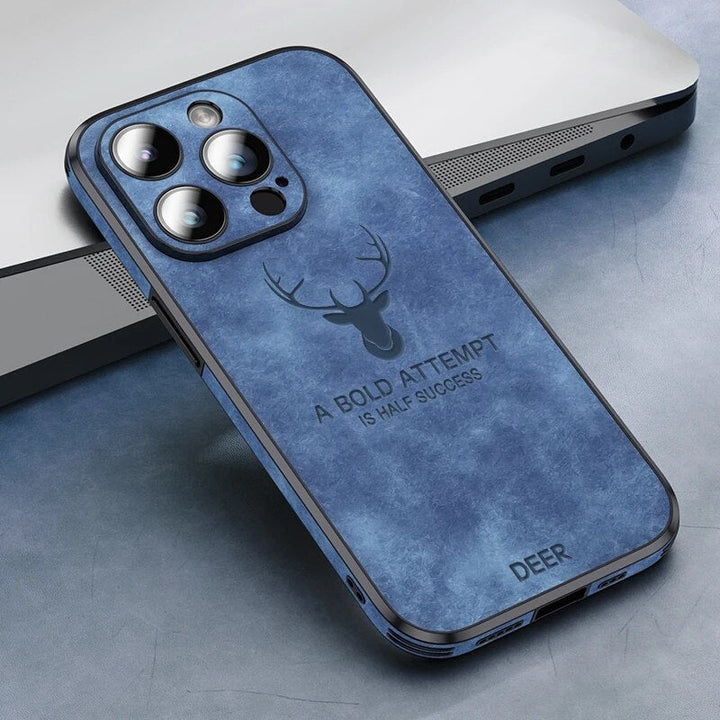 Veltro hertenleren iPhone hoes: luxe, schokbestendig, cameralensbescherming, stijlvol.
