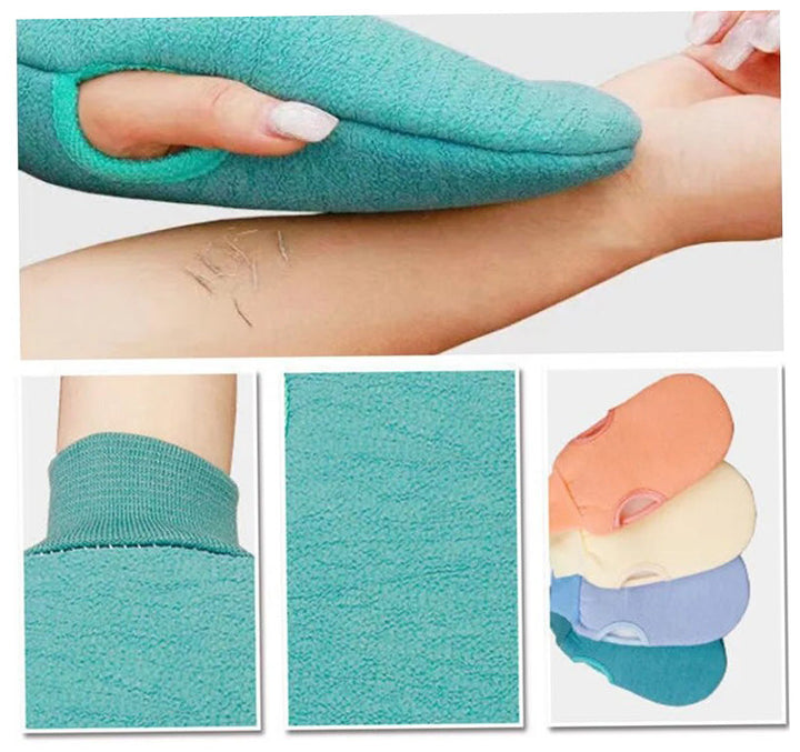 Wellness scrubhandschoen met natuurlijke vezels voor een grondige, verfrissende lichaamsscrub. Voor een gezonde gloed.