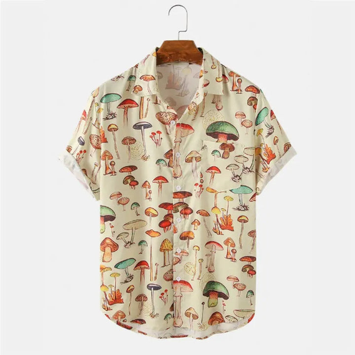 Trendy heren zomer overhemd met vrolijke paddenstoelenprint, perfect voor casual streetwear.