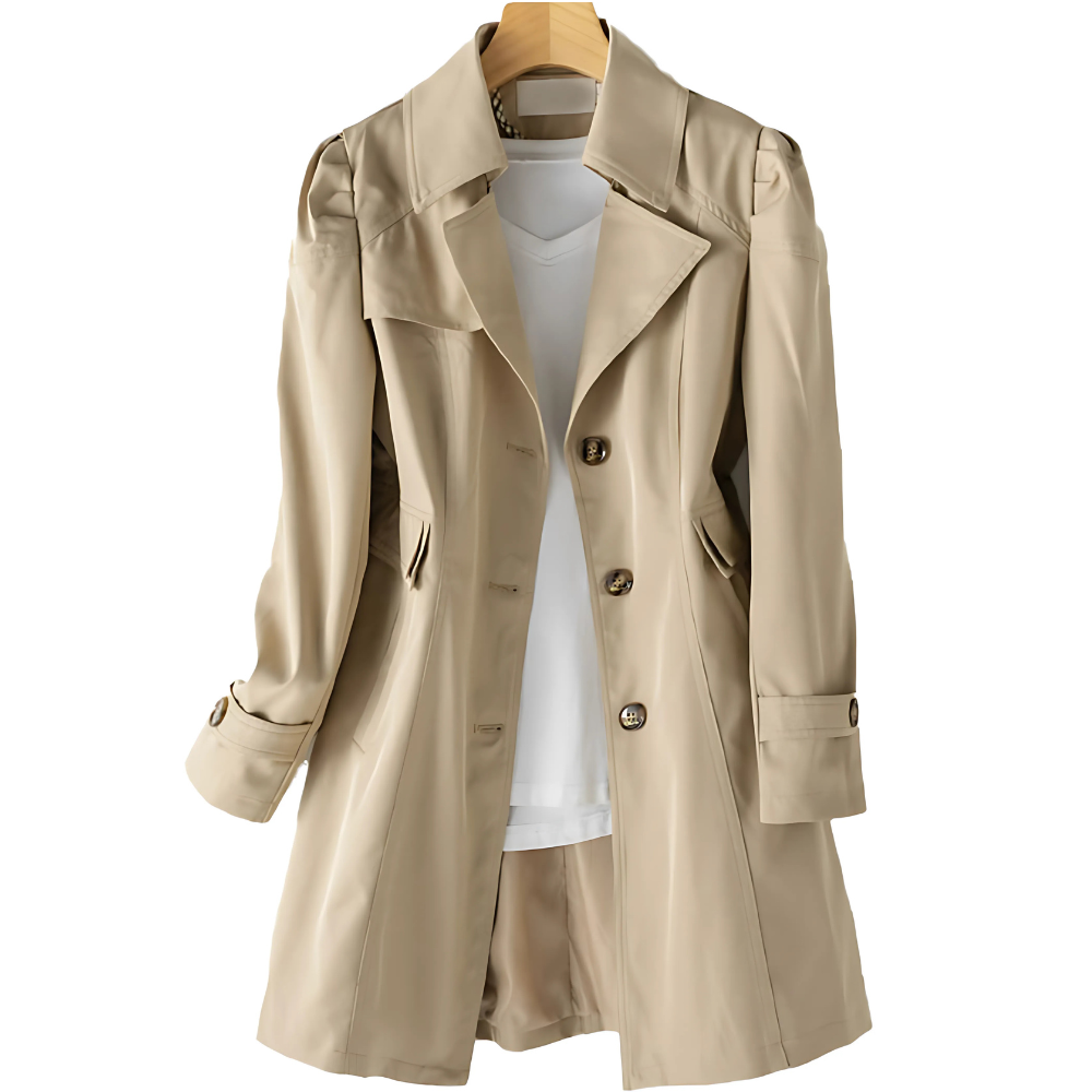 Dames trenchcoat in klassieke stijl, ideaal als tussenjas voor lente en herfst.