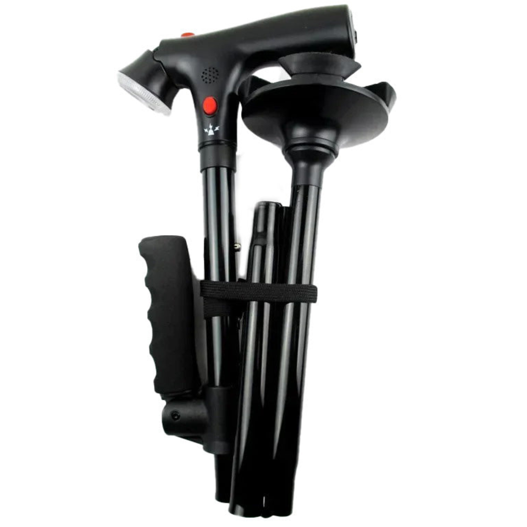 Veilige opvouwbare wandelstok voor ouderen, biedt stabiliteit en mobiliteit, met heldere LED lamp en alarmfunctie.