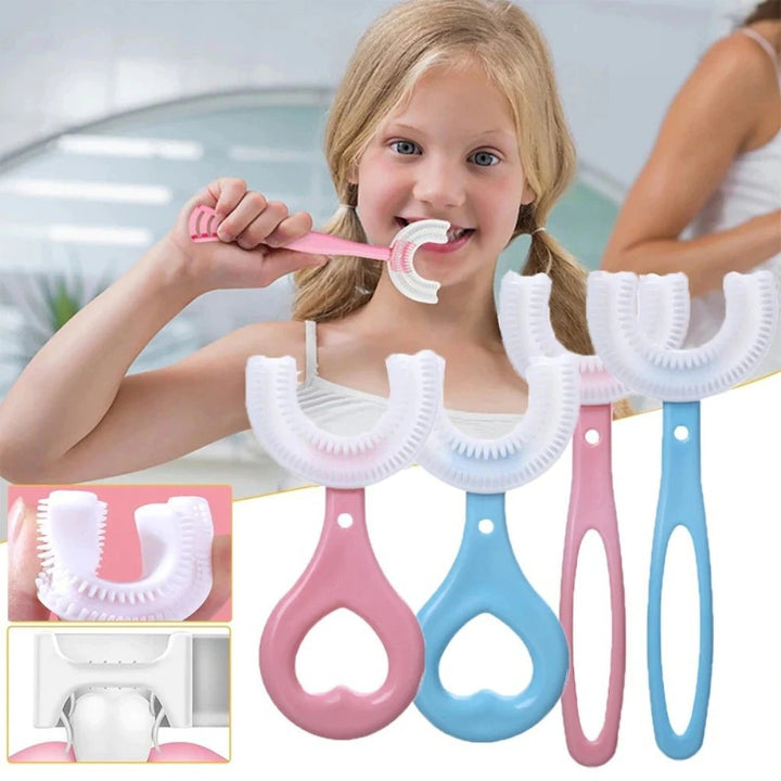 Blauwe U-vorm tandenborstel voor jonge kinderen. Bevordert goede mondhygiëne met 360° reiniging.